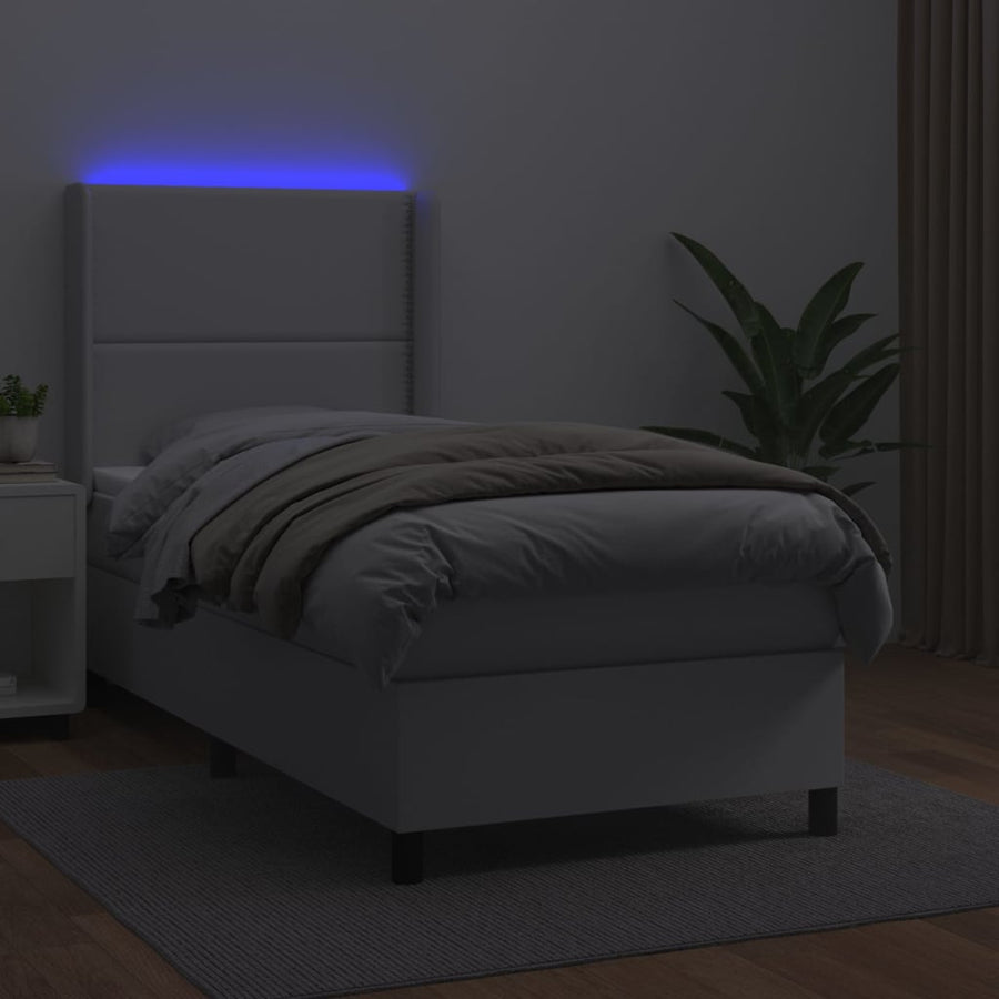 Boxspring Met Matras En Led Kunstleer Wit 100 x 200 cm Effen met spijkers
