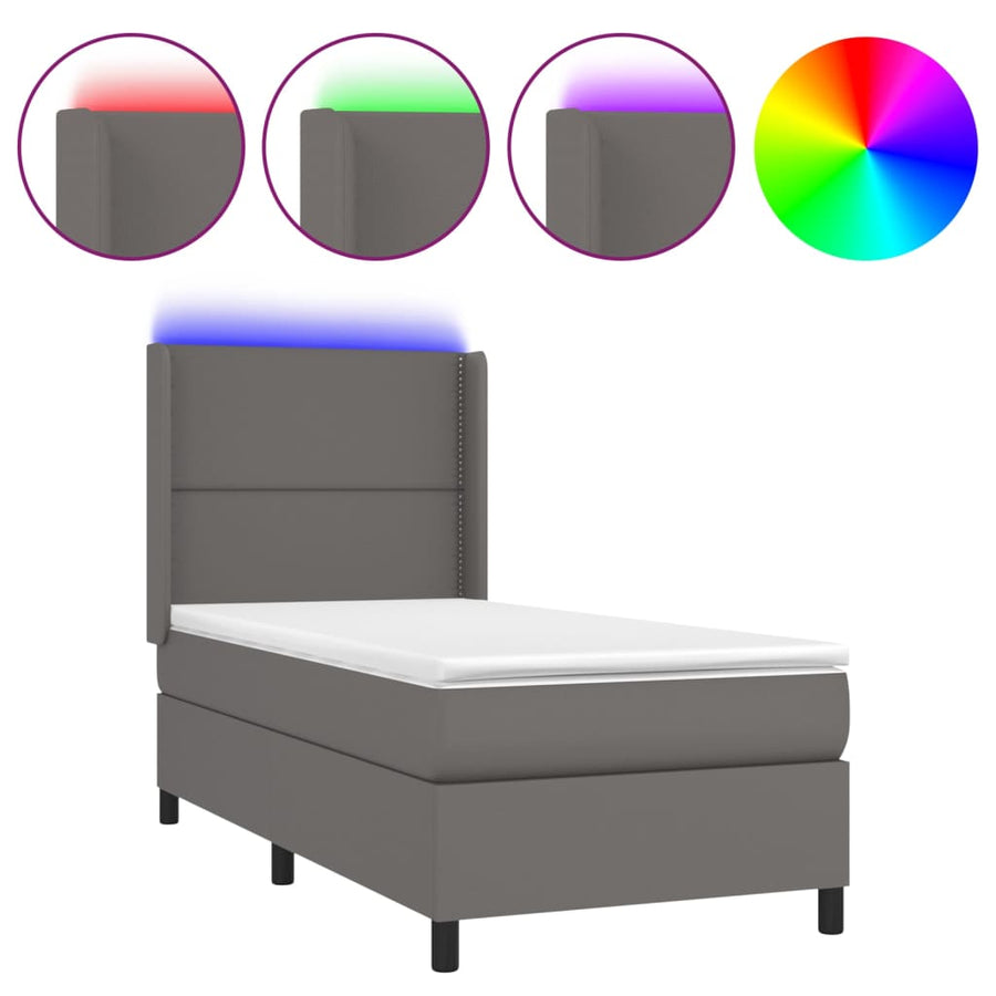 Boxspring Met Matras En Led Kunstleer Grijs 100 x 200 cm Effen met spijkers
