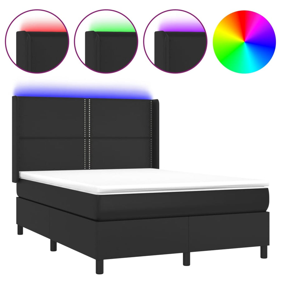 Boxspring Met Matras En Led Kunstleer Zwart 140 x 190 cm Effen met spijkers