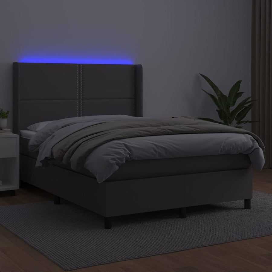 Boxspring Met Matras En Led Kunstleer Grijs 140 x 190 cm Effen met spijkers
