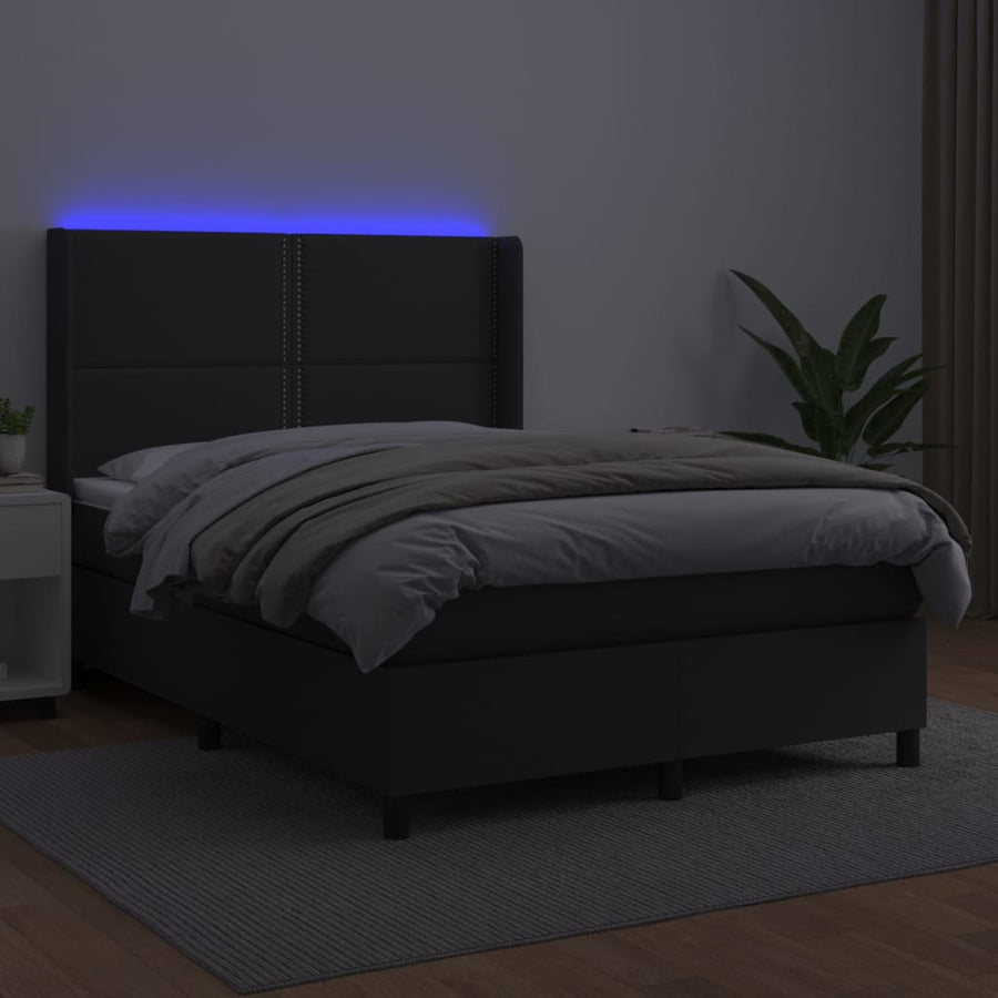 Boxspring Met Matras En Led Kunstleer Zwart 140 x 200 cm Effen met spijkers