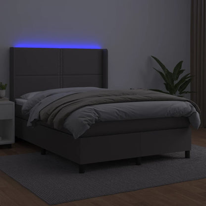 Boxspring Met Matras En Led Kunstleer Grijs 140 x 200 cm Effen met spijkers