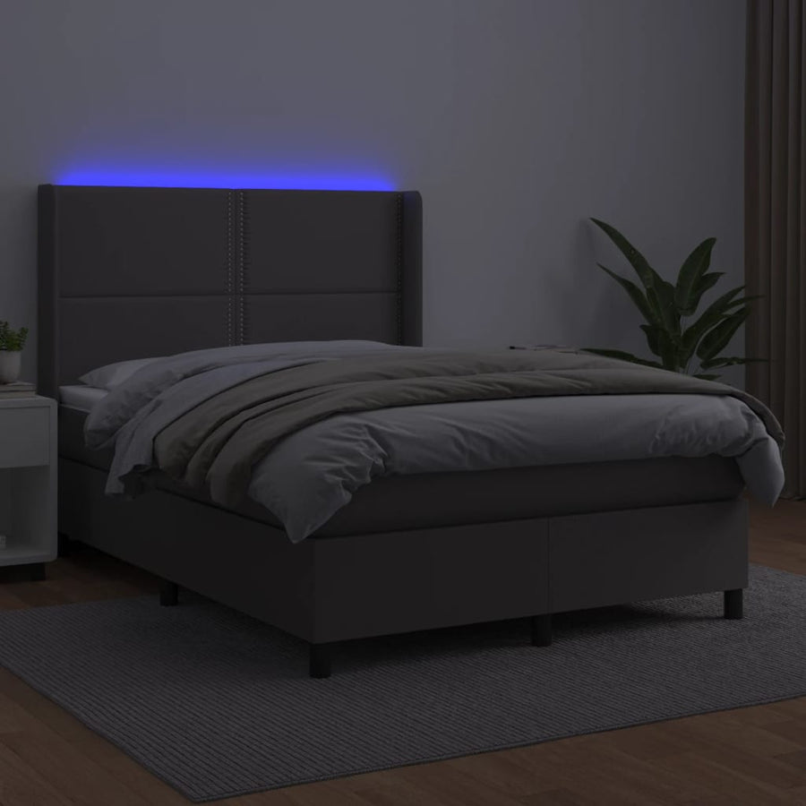 Boxspring Met Matras En Led Kunstleer Grijs 140 x 200 cm Effen met spijkers
