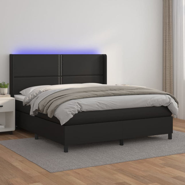 Boxspring Met Matras En Led Kunstleer Zwart 160 x 200 cm Effen met spijkers