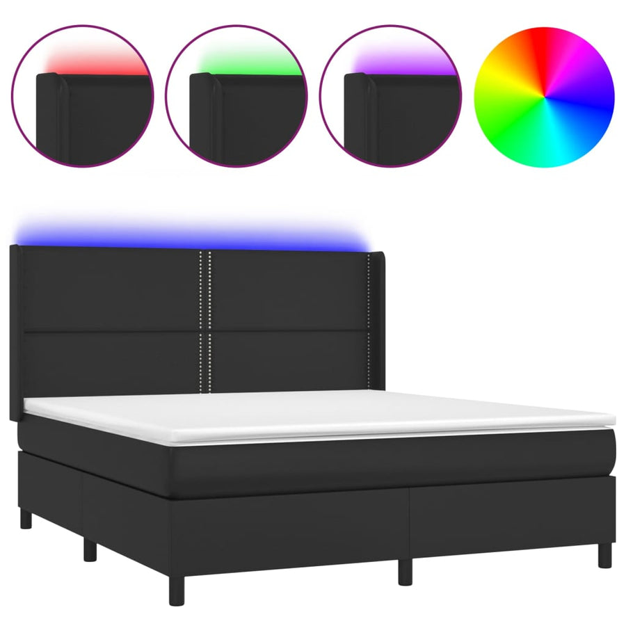 Boxspring Met Matras En Led Kunstleer Zwart 180 x 200 cm Effen met spijkers