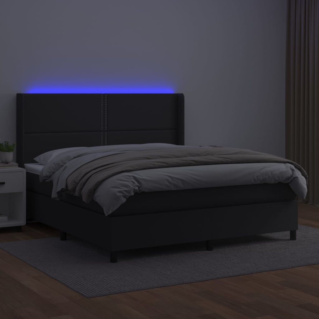 Boxspring Met Matras En Led Kunstleer Zwart 180 x 200 cm Effen met spijkers