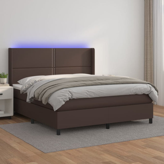 Boxspring met matras en LED kunstleer bruin 180x200 cm 180 x 200 cm Effen met spijkers