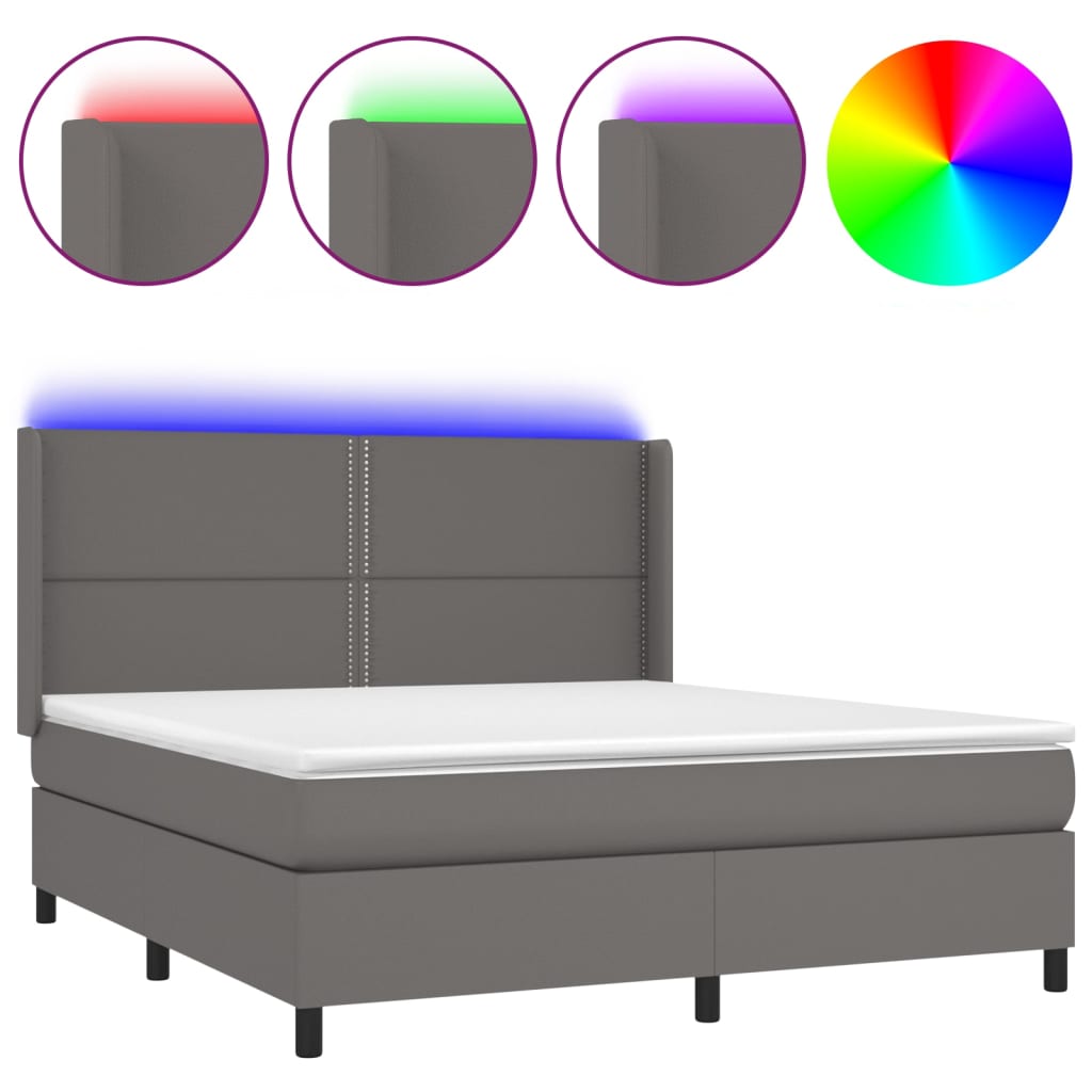 Boxspring Met Matras En Led Kunstleer Grijs 180 x 200 cm Effen met spijkers