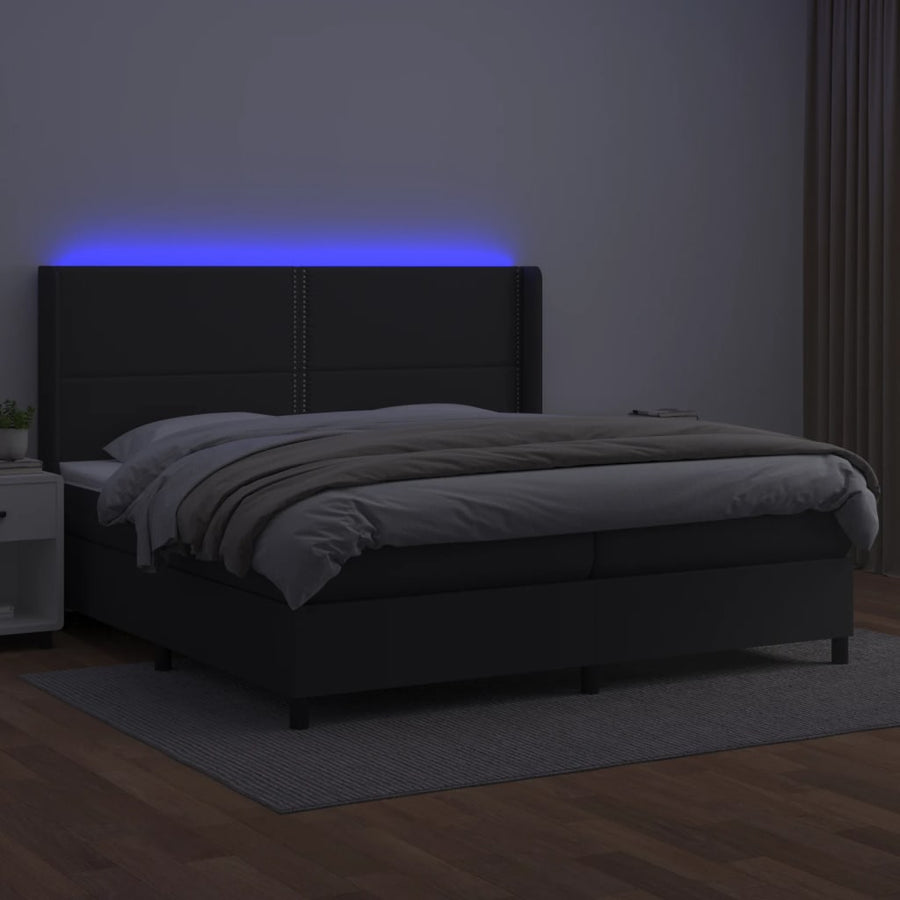 Boxspring Met Matras En Led Kunstleer Zwart 200 x 200 cm Effen met spijkers