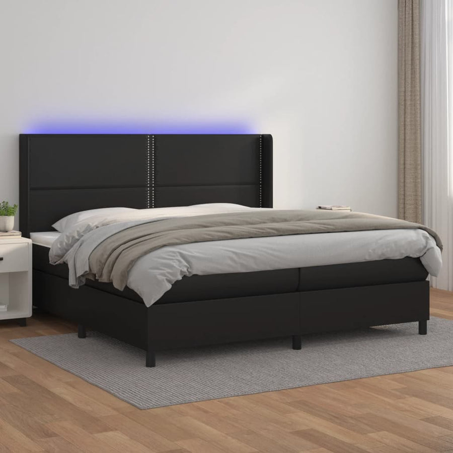 Boxspring Met Matras En Led Kunstleer Zwart 200 x 200 cm Effen met spijkers