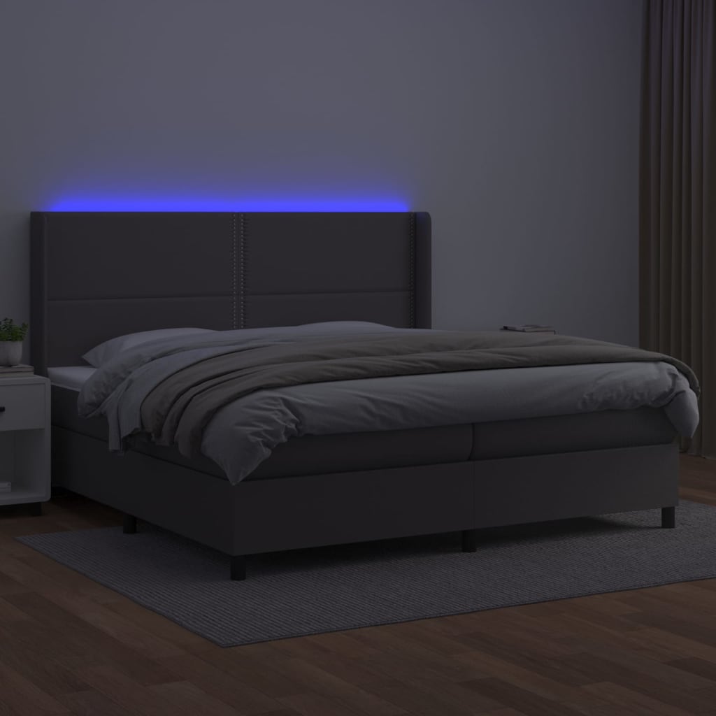 Boxspring Met Matras En Led Kunstleer Grijs 200 x 200 cm Effen met spijkers