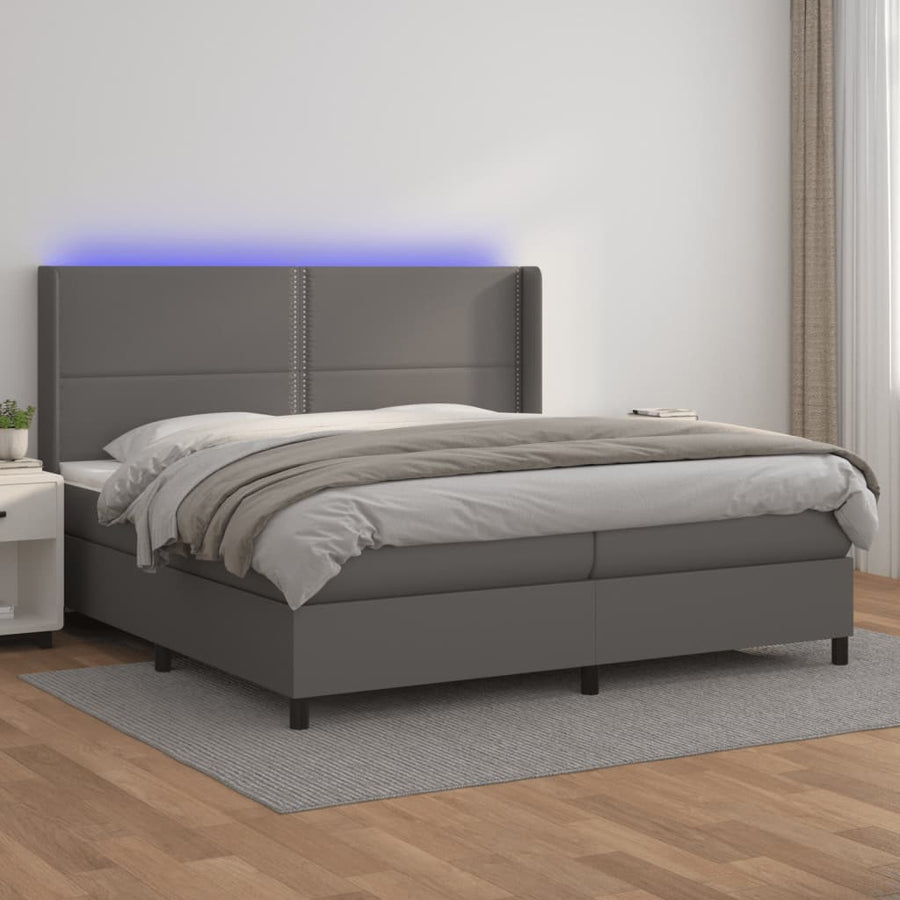 Boxspring Met Matras En Led Kunstleer Grijs 200 x 200 cm Effen met spijkers