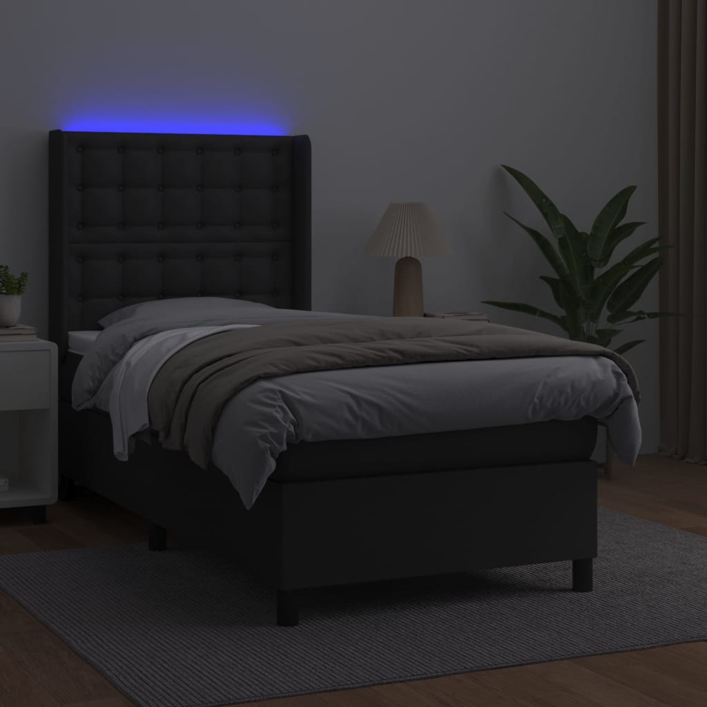 Boxspring Met Matras En Led Kunstleer Zwart 90 x 190 cm Knopen