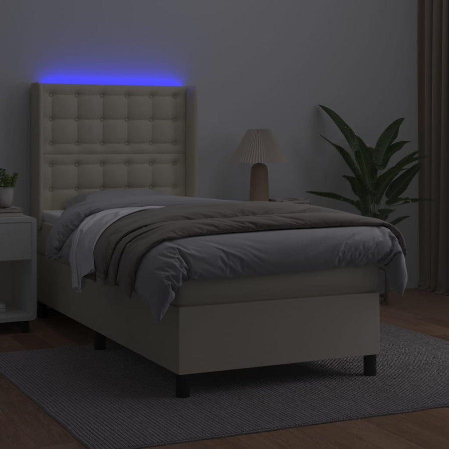 Boxspring Met Matras En Led Kunstleer Crèmekleurig 90X190 Cm 90 x 190 cm