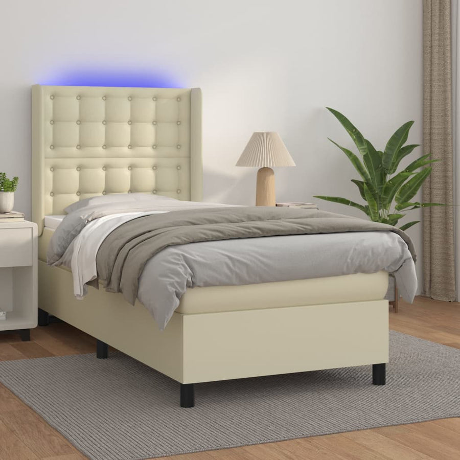 Boxspring Met Matras En Led Kunstleer Crèmekleurig 90X190 Cm 90 x 190 cm