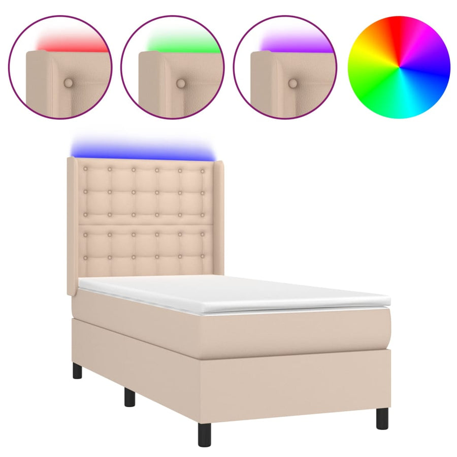 Boxspring Met Matras En Led Kunstleer Cappuccinokleur 90X200 Cm 90 x 200 cm Knopen