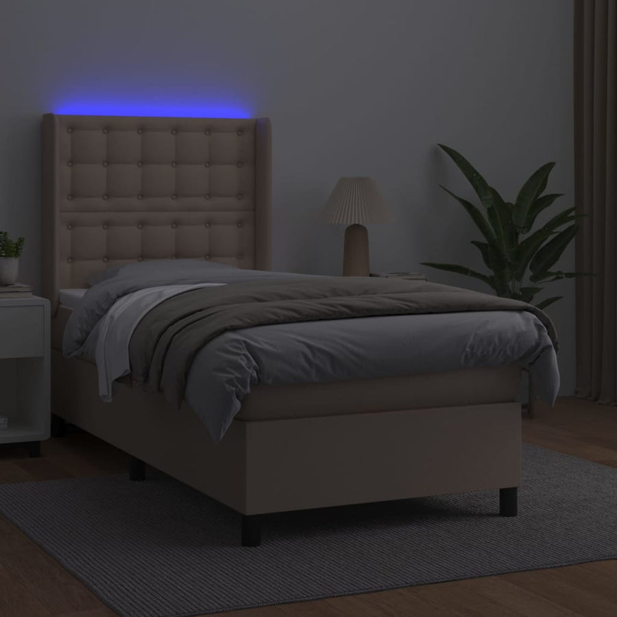 Boxspring Met Matras En Led Kunstleer Cappuccinokleur 90X200 Cm 90 x 200 cm Knopen