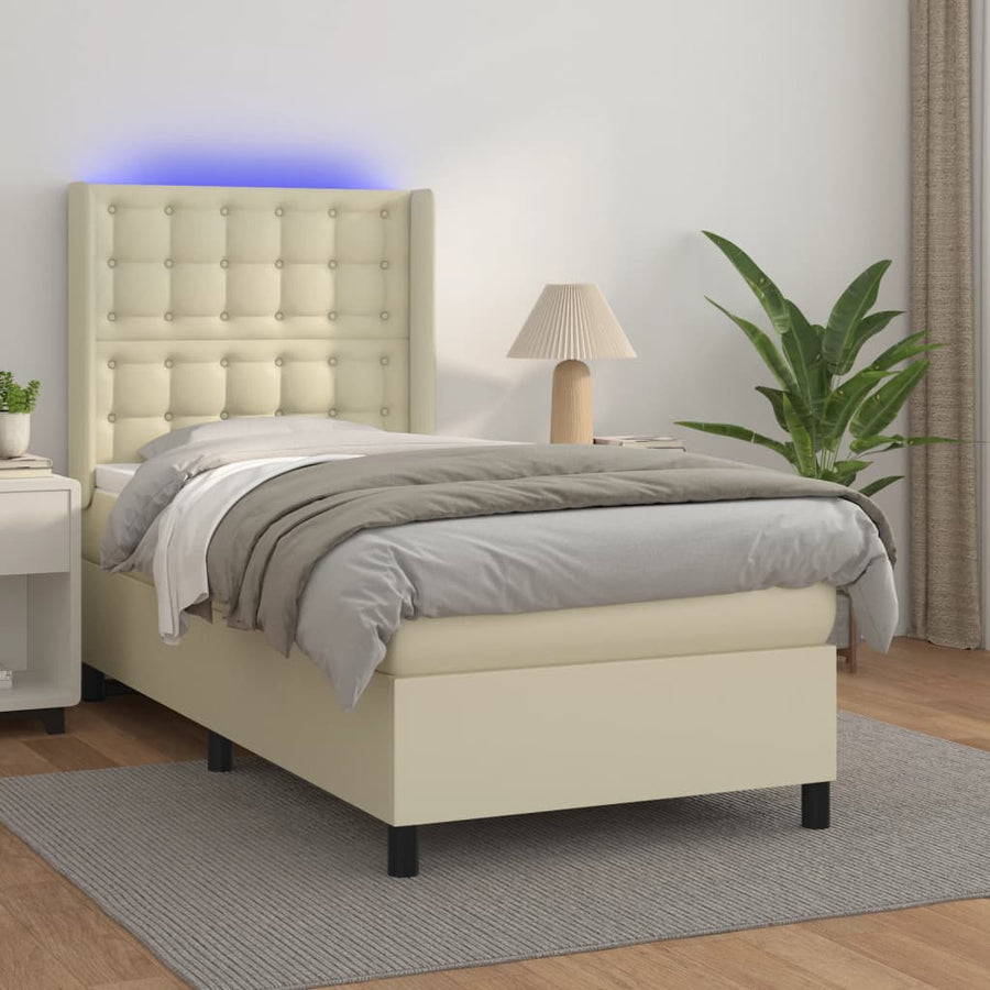 Boxspring Met Matras En Led Kunstleer Kleurig 100 x 200 cm Crème