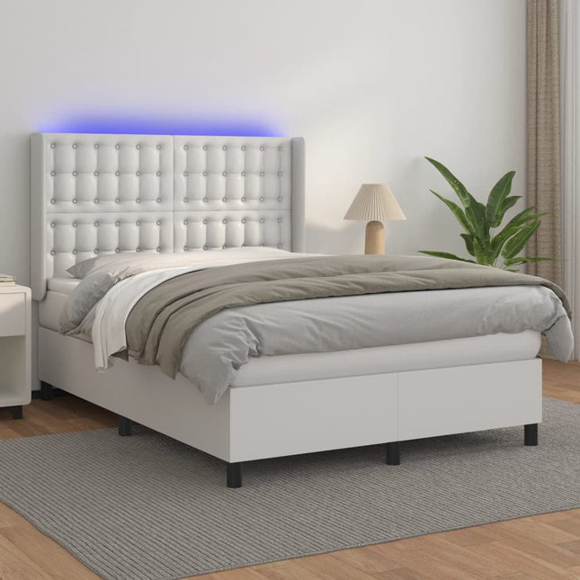 Boxspring Met Matras En Led Kunstleer Zwart Wit 140 x 190 cm Knopen