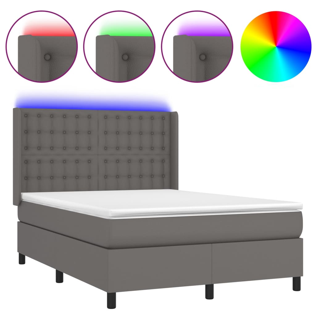 Boxspring Met Matras En Led Kunstleer Grijs 140 x 190 cm Knopen