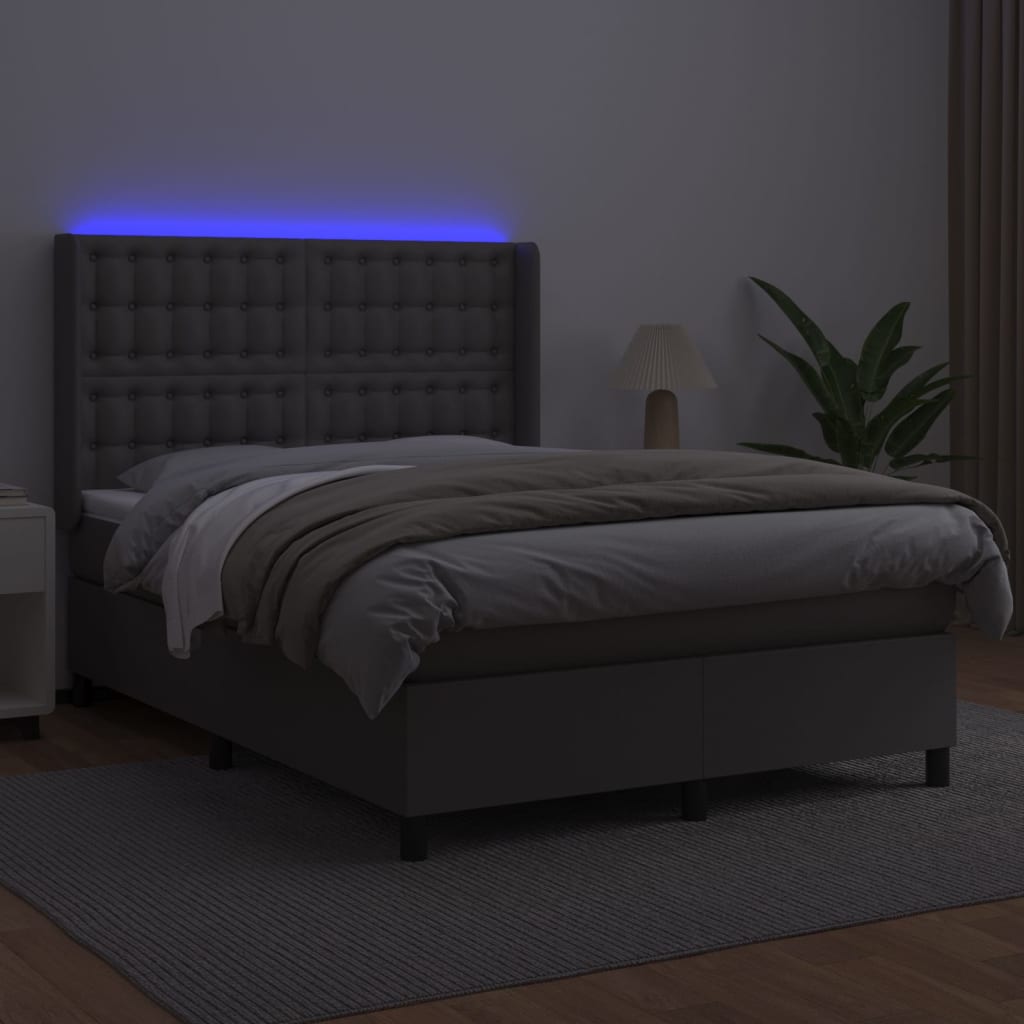 Boxspring Met Matras En Led Kunstleer Grijs 140 x 190 cm Knopen