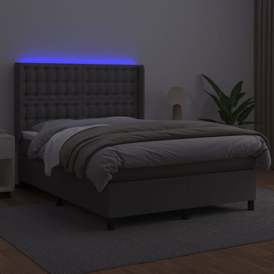 Boxspring Met Matras En Led Kunstleer Grijs 140 x 190 cm Knopen