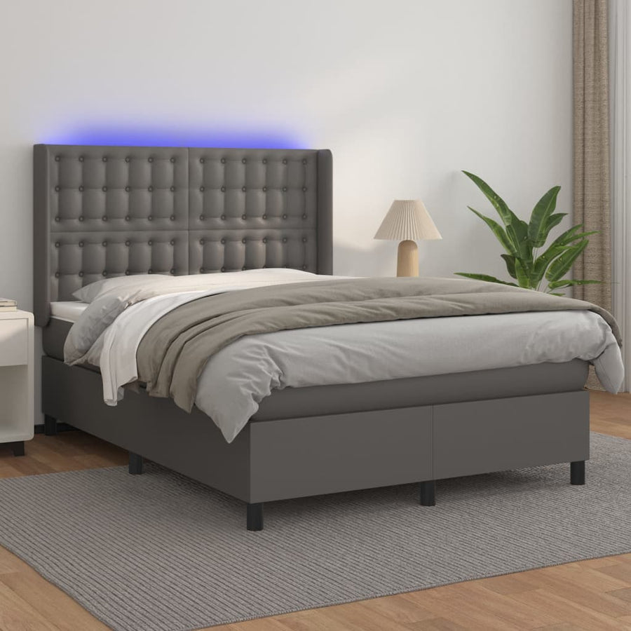 Boxspring Met Matras En Led Kunstleer Grijs 140 x 190 cm Knopen