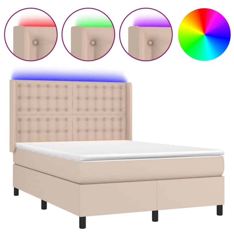 Boxspring Met Matras En Led Kunstleer Kleur 140X190Cm Cappuccino 140 x 190 cm Knopen