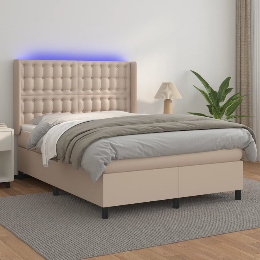 Boxspring Met Matras En Led Kunstleer Kleur 140X190Cm Cappuccino 140 x 190 cm Knopen