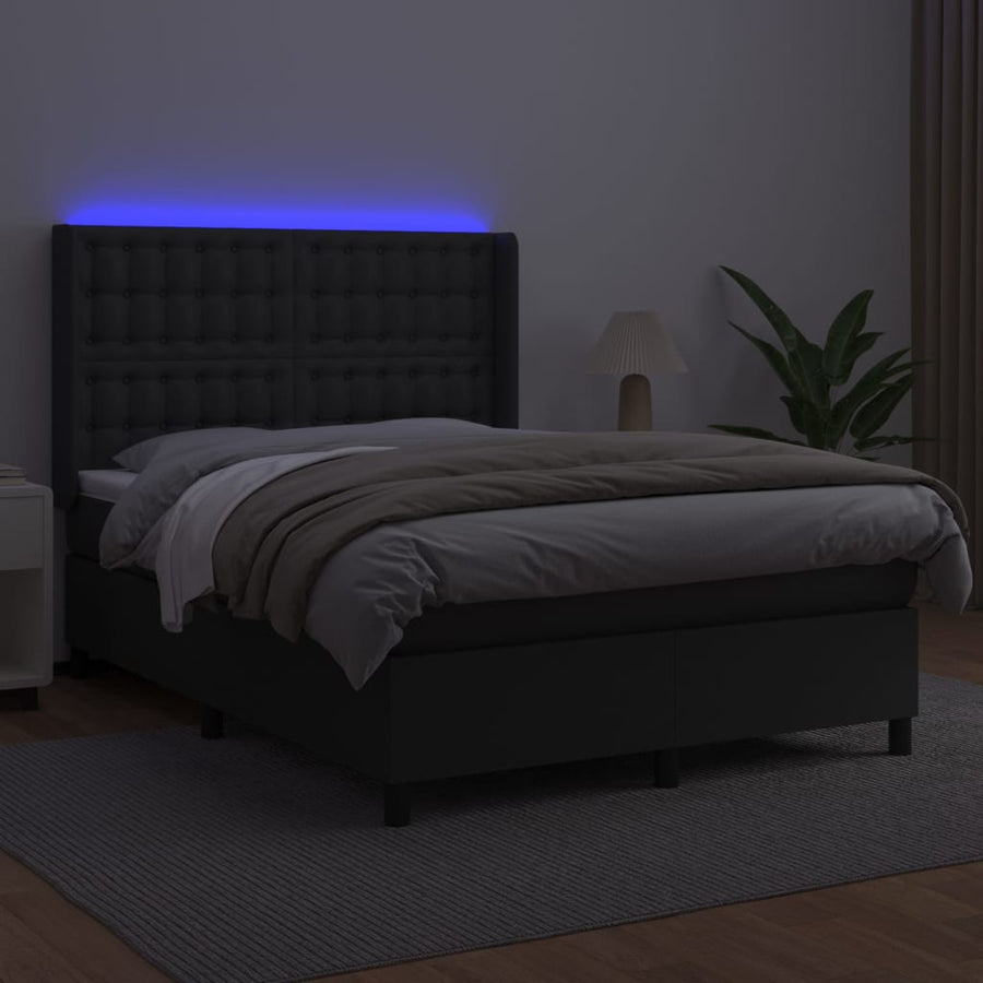 Boxspring Met Matras En Led Kunstleer Zwart 140 x 200 cm Knopen