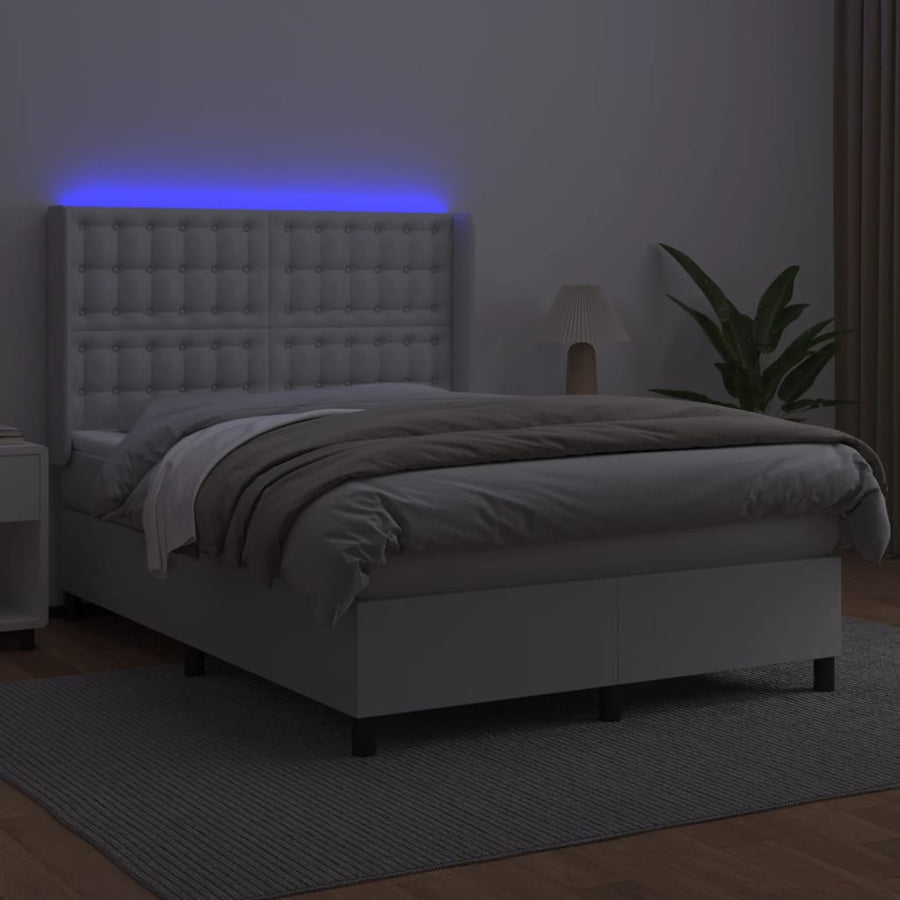 Boxspring Met Matras En Led Kunstleer Wit 140 x 200 cm Knopen