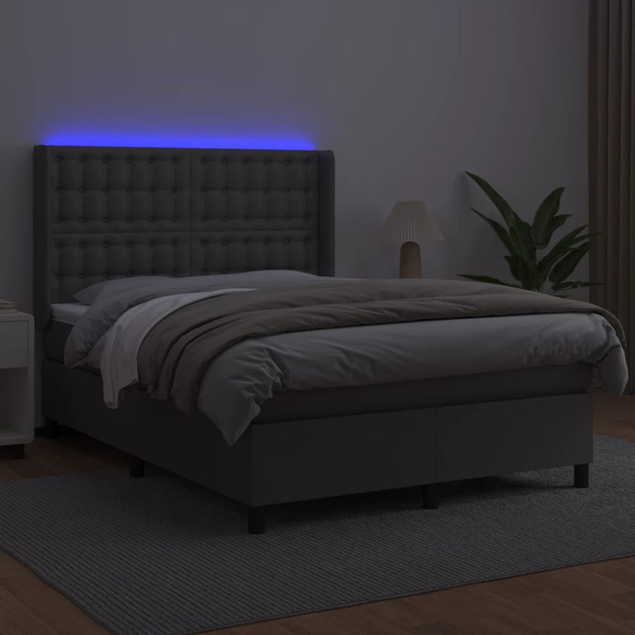 Boxspring Met Matras En Led Kunstleer Grijs 140 x 200 cm Knopen