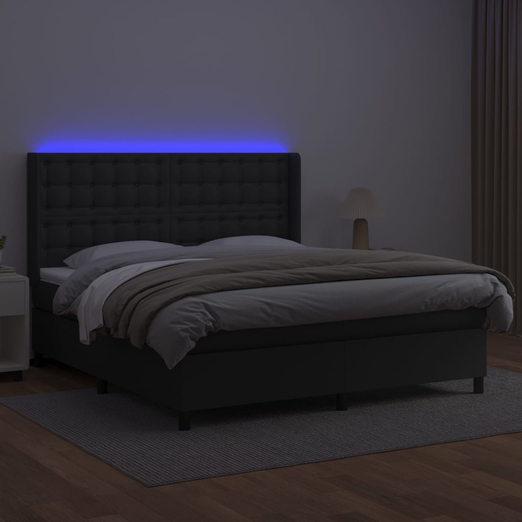 Boxspring Met Matras En Led Kunstleer Zwart 180 x 200 cm Knopen