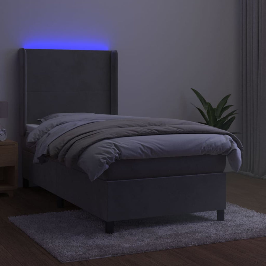 Boxspring Met Matras En Led Fluweel Lichtgrijs 90 x 190 cm Effen ontwerp