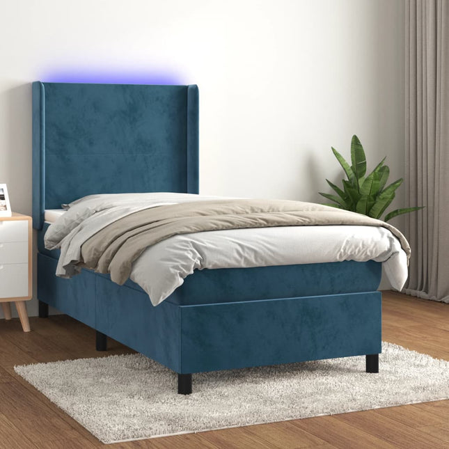 Boxspring Met Matras En Led Fluweel Donkerblauw 90X190 Cm Donkerblauw 90 x 190 cm Effen ontwerp