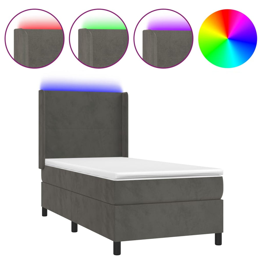 Boxspring Met Matras En Led Fluweel Donkergrijs 90 x 200 cm Effen ontwerp