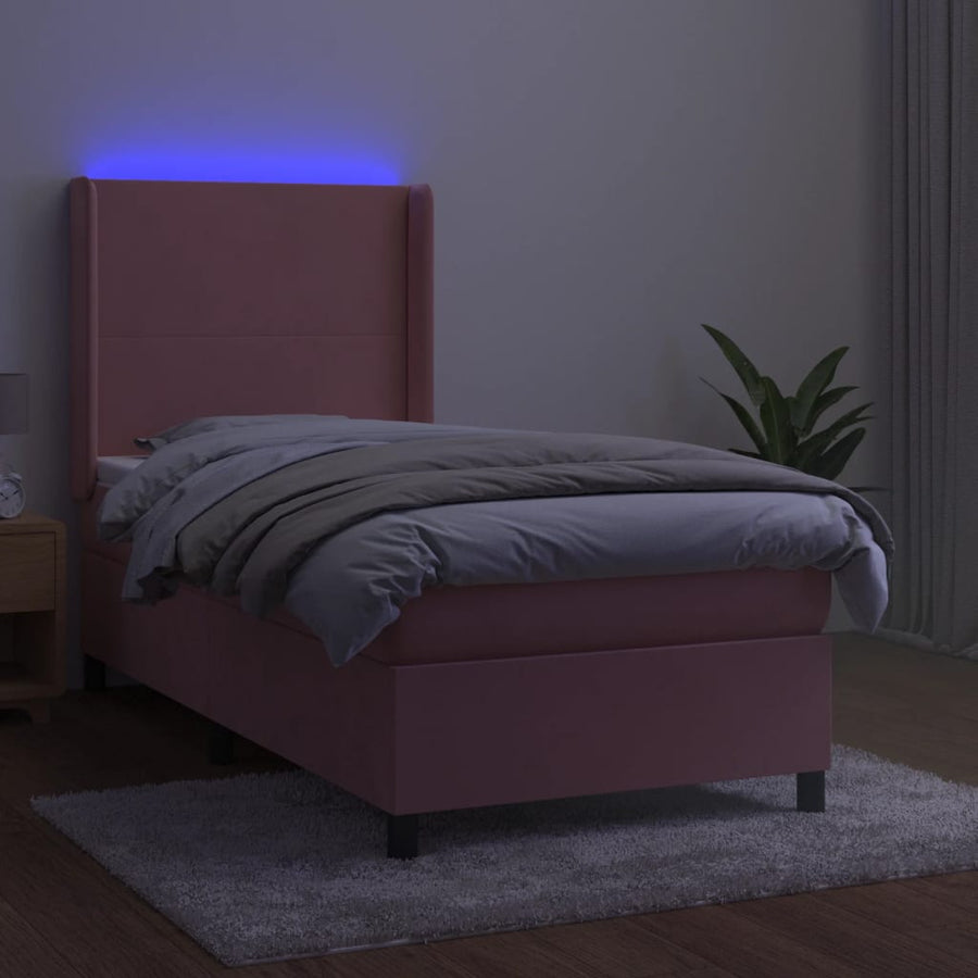 Boxspring Met Matras En Led Fluweel Roze 90 x 200 cm Effen ontwerp