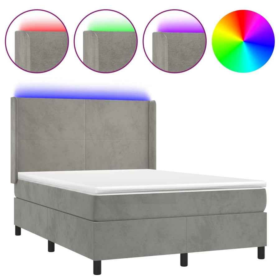 Boxspring Met Matras En Led Fluweel Lichtgrijs 140 x 190 cm Effen ontwerp