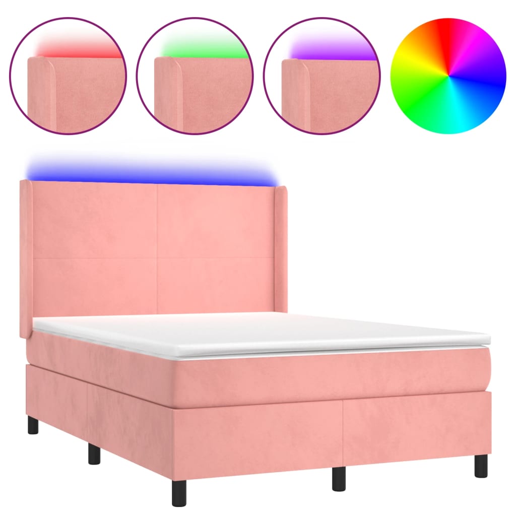 Boxspring met matras en LED fluweel roze 140x190 cm 140 x 190 cm Effen ontwerp