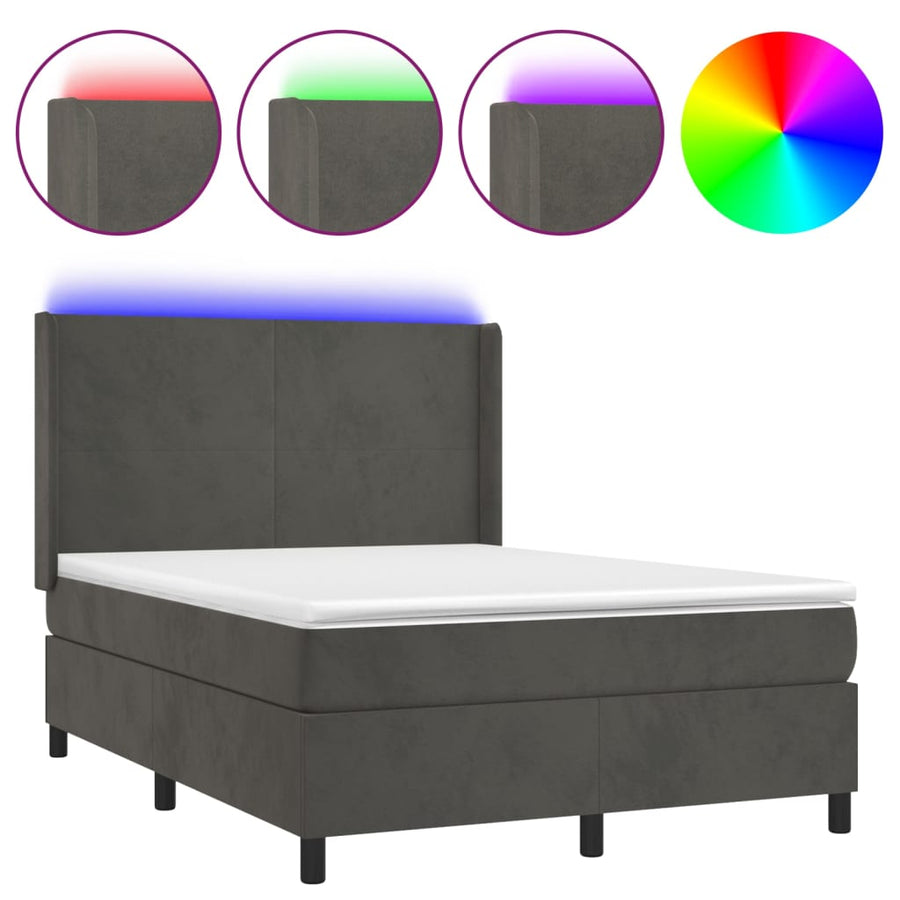 Boxspring Met Matras En Led Fluweel Donkergrijs 140 x 200 cm Effen ontwerp