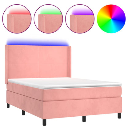Boxspring Met Matras En Led Fluweel Roze 140X200 Cm Roze 140 x 200 cm Effen ontwerp