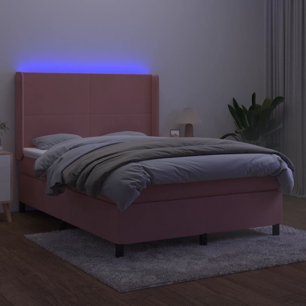 Boxspring Met Matras En Led Fluweel Roze 140X200 Cm Roze 140 x 200 cm Effen ontwerp