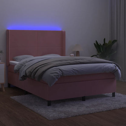 Boxspring Met Matras En Led Fluweel Roze 140X200 Cm Roze 140 x 200 cm Effen ontwerp