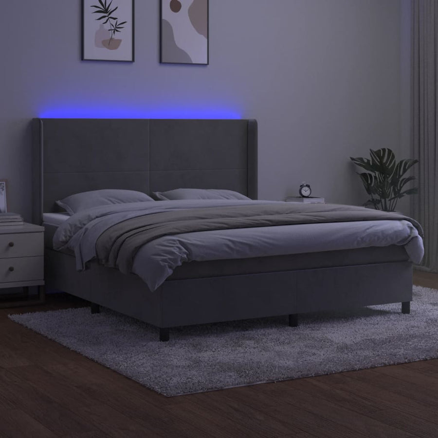 Boxspring Met Matras En Led Fluweel Lichtgrijs 160 x 200 cm Effen ontwerp