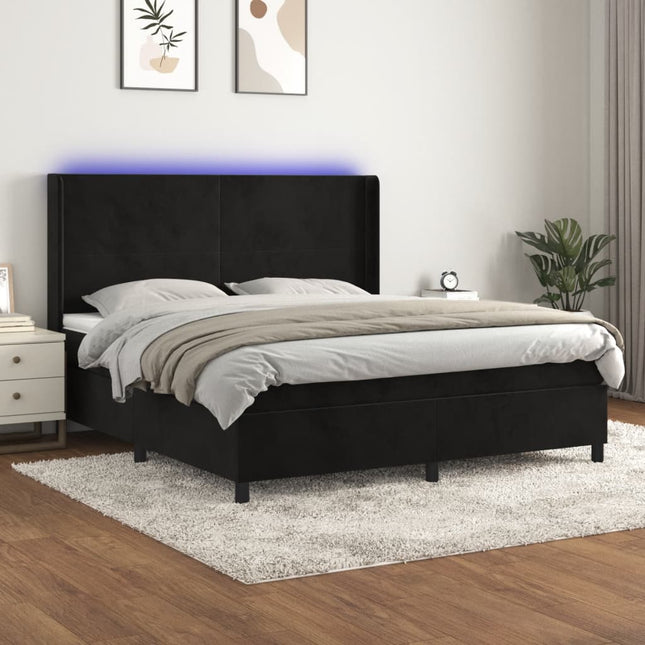 Boxspring Met Matras En Led Fluweel Zwart 160 x 200 cm Effen ontwerp