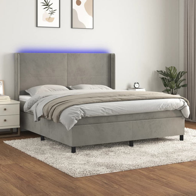 Boxspring Met Matras En Led Fluweel Lichtgrijs 180 x 200 cm Effen ontwerp