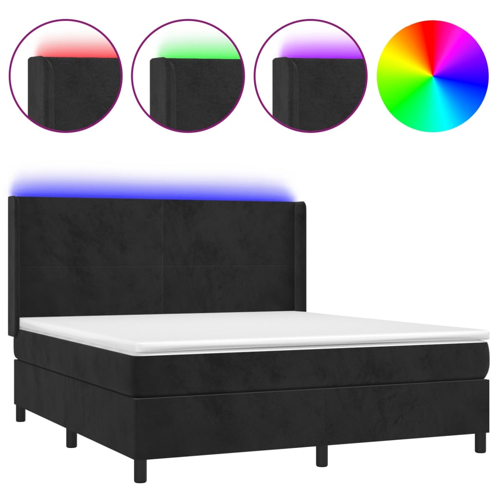 Boxspring Met Matras En Led Fluweel Zwart 180 x 200 cm Effen ontwerp