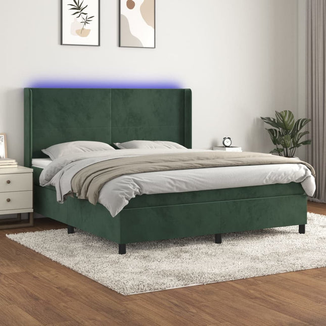 Boxspring Met Matras En Led Fluweel Donkergroen 180X200 Cm 180 x 200 cm Effen ontwerp