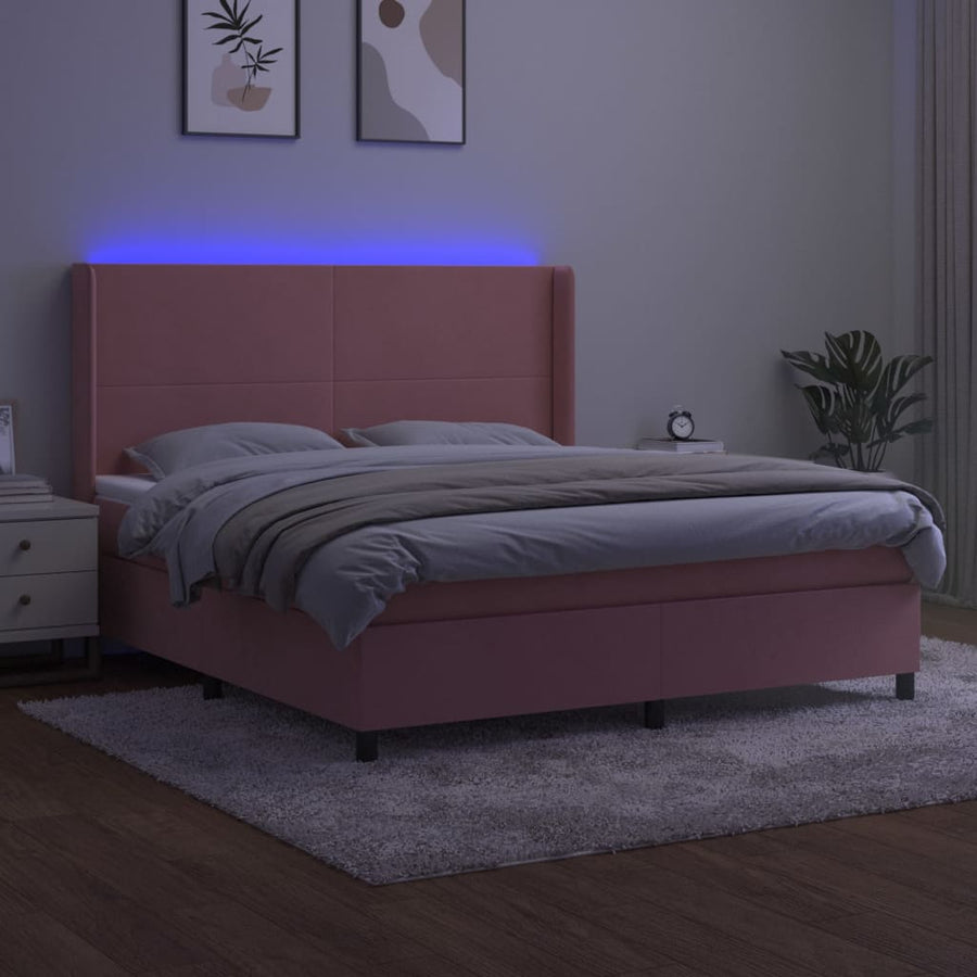 Boxspring Met Matras En Led Fluweel Roze 180 x 200 cm Effen ontwerp