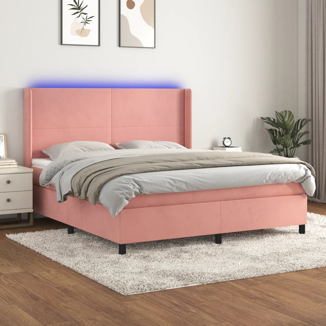 Boxspring Met Matras En Led Fluweel Roze 180 x 200 cm Effen ontwerp